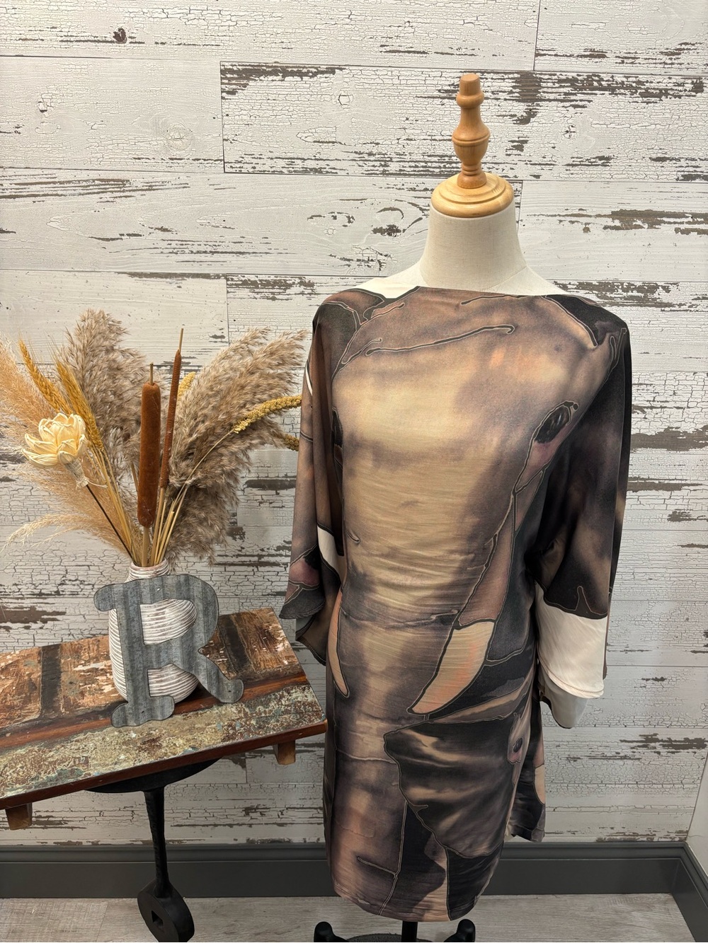 Ramona LaRue By Arianne Brown and Cream Elephant Print Midi Dress